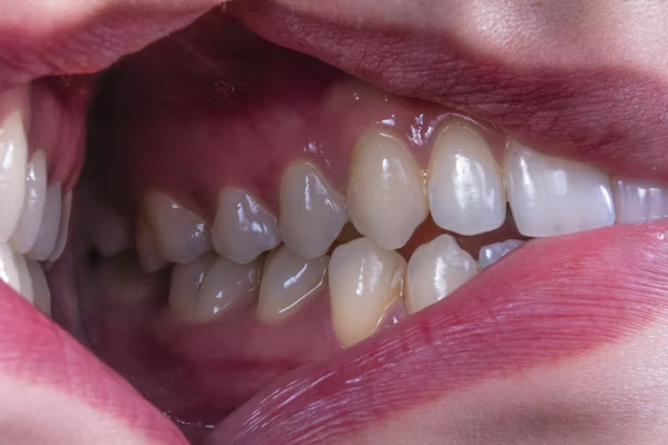 close up shot of a person's teeth in front of a mirror